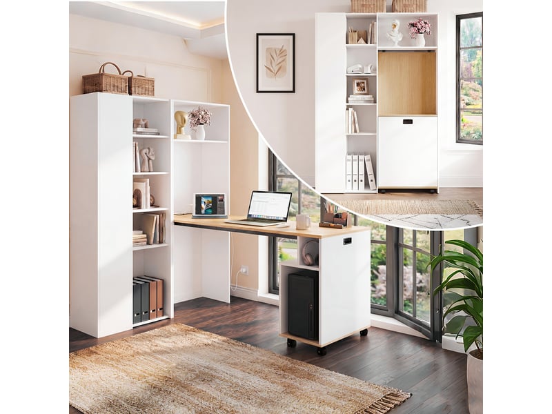 Bureau pliable avec étagère, bureau bibliothèque 2 en 1 blanc avec prise et usb, gain de place pour télétravail, 104x160cm - Conforama D