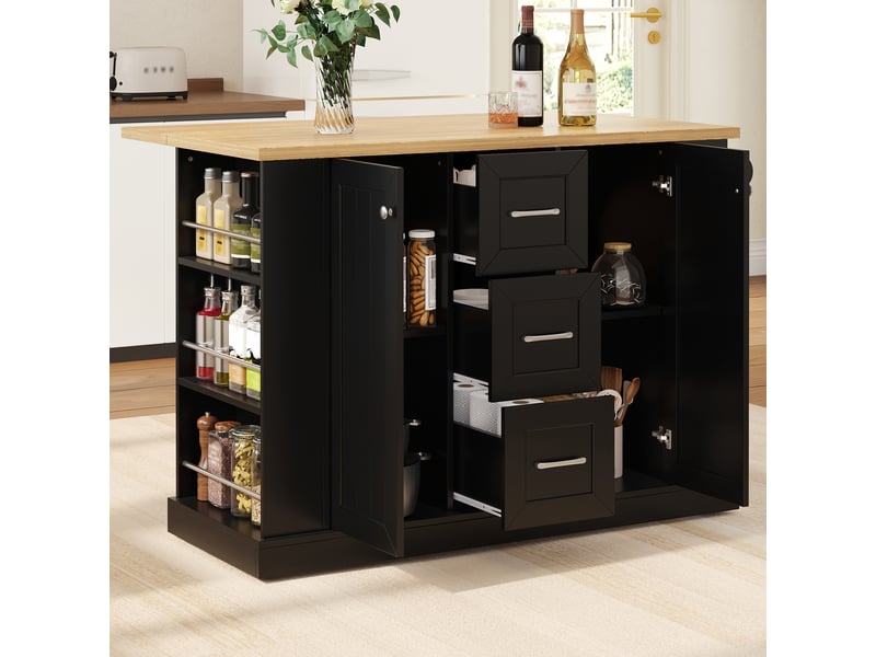 Desserte de cuisine avec plateau rabattable, 3 tiroirs, étagère à 3 niveaux et roulettes freinées, 120×70×90 cm - Conforama B