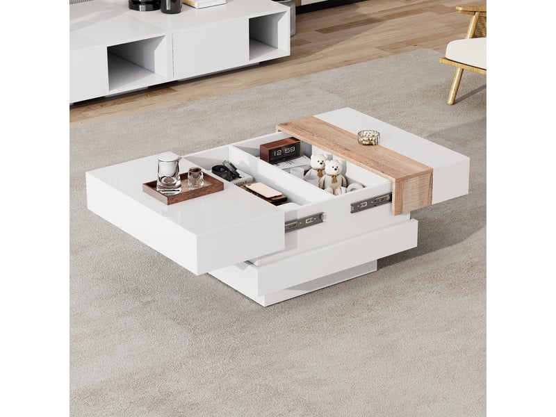  Table basse carrée blanche plateau extensible rangement caché finition brillante 70x70 cm  - Conforama C