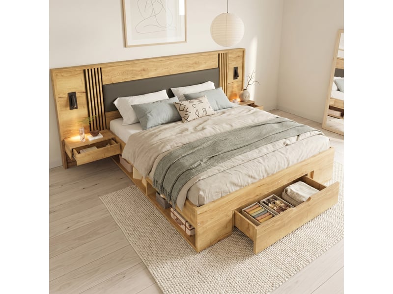  Lit double 160 x 200 cm, lit coffre, lit en bois, lit enfant, avec lampe de lecture, 2 tables de chevet, tiroirs, coloris naturel  - Conforama B