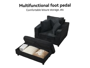 Chaise longue noire avec repose-pieds et rangement, fauteuil lounge moderne avec trois coussins pour salon ou chambre