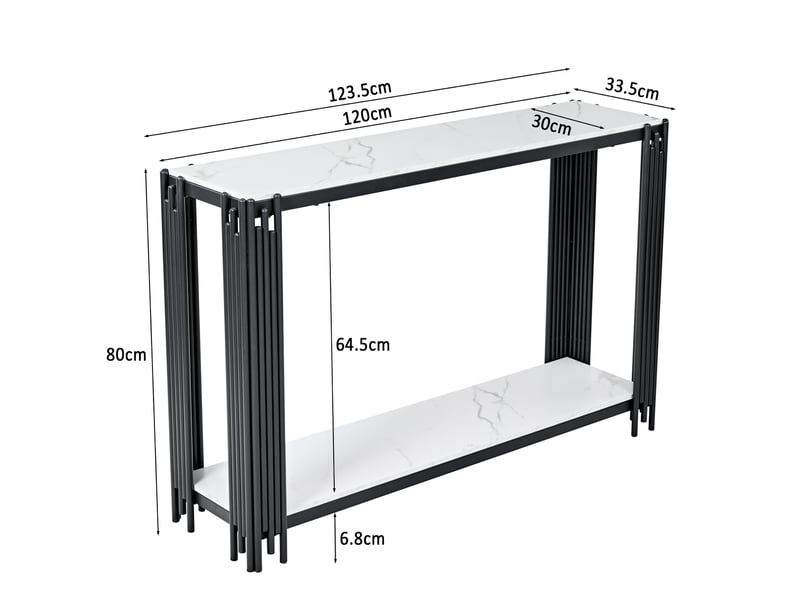  Table console 123.5x33.5x80 cm à 2 niveaux en mdf et métal, aspect marbre blanc, noir et blanc  - Conforama C