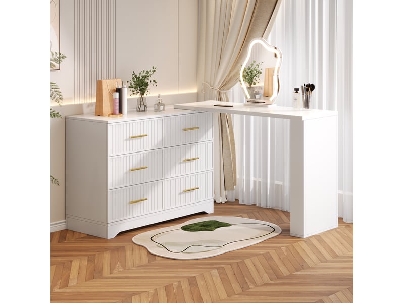  Coiffeuse d'angle blanche avec miroir led 3 couleurs, table de maquillage modulable en l avec tiroirs, 110cm  - Conforama W