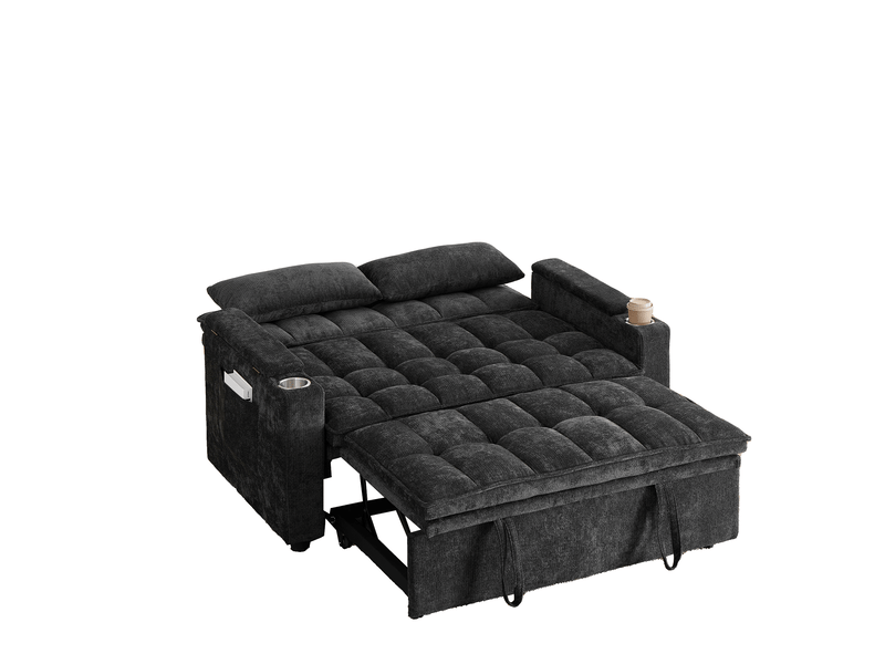  Canapé 2 places 3-en-1, canapé convertible 142x89x89 cm en chenille noire avec rangement  - Conforama D
