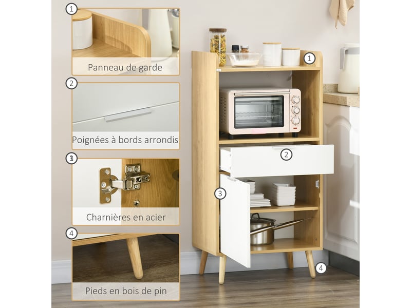 Meuble desserte de cuisine pour micro-ondes avec placard tiroir réglable étagère 58 x 40 x 118 cm naturel et blanc - Conforama R