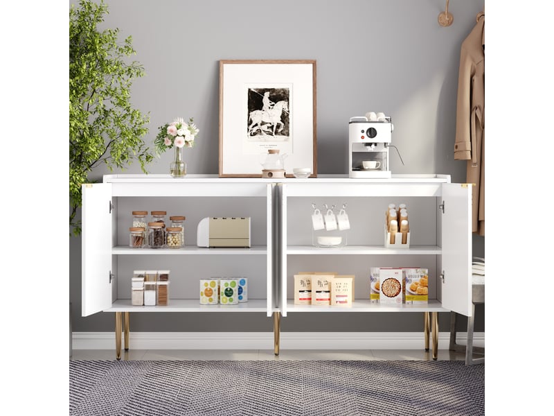 Buffet blanc moderne enfilade 140 cm avec 4 portes et pieds en métal doré, meuble de rangement pour salon - Conforama B