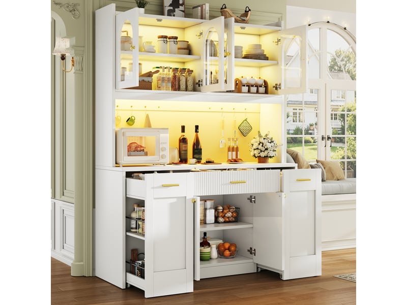  Buffet de cuisine haut avec 3 vitrines, tiroirs, portes et led rgb pour cuisine en mdf 120×40×187 cm blanc  - Conforama C