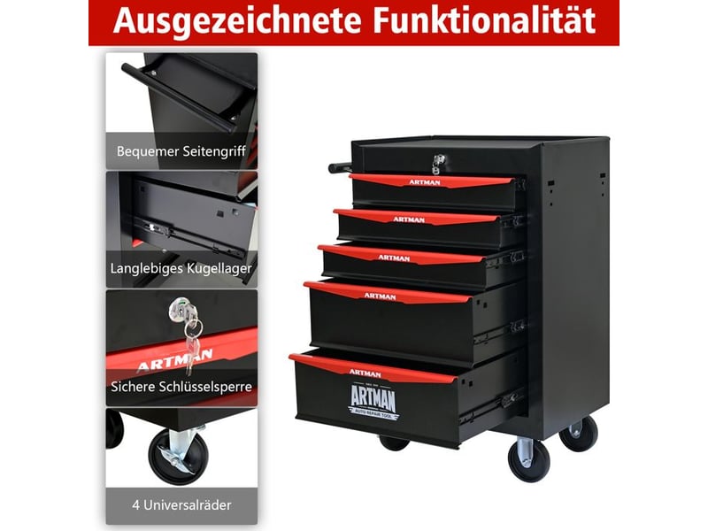  Boîte à outils à 5 tiroirs - noir &amp; rouge - acier - 22.1 kg - glissières à roulement à billes 52.4x33x65.6cm - Conforama D