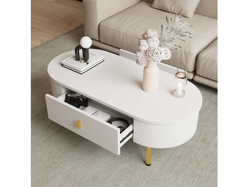  Table basse de salon 108x50x40cm, table ovale, 2 tiroirs, poignées et pieds dorés, style simple, mdf, blanc  - Conforama C