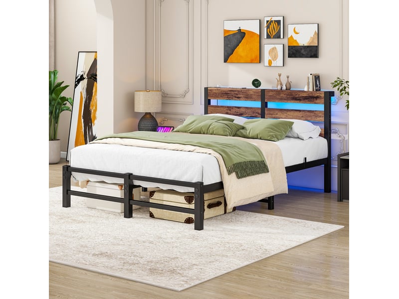  Lit cadre, 120x200 cm, led, ports usb, solution pratique, matelas non inclus, métal et bois, coloris noir et marron  - Conforama D