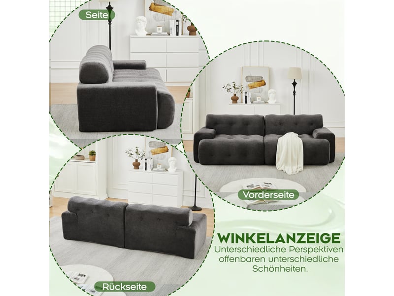 Canapé effet nuage modulable 2 places 224x104x66 cm, assise profonde 68 cm, larges accoudoirs, sans montage, base antidérapante, chenille gris - Conforama E