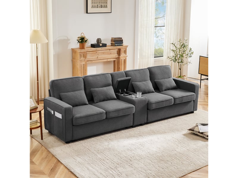  Canapé 4 places - 2 porte gobelets - port usb - poches latérales - 4 coussins inclus - tissu aspect lin - style moderne - gris foncé  - Conforama C