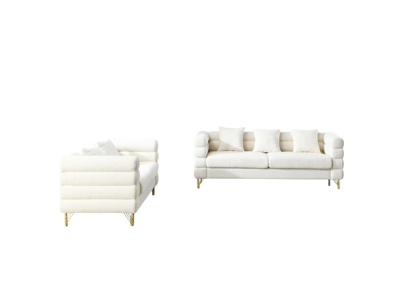  Canapé 5 places 3+2 blanc en tissu bouclette, pieds en métal doré et coussins décoratifs assortis  - Conforama A
