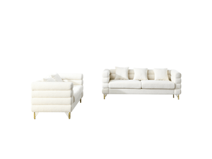 Canapé 5 places 3+2 blanc en tissu bouclette, pieds en métal doré et coussins décoratifs assortis