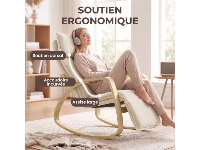  Fauteuil à bascule blanc crème avec repose-pieds réglable 5 positions et revêtement aspect lin  - Conforama W