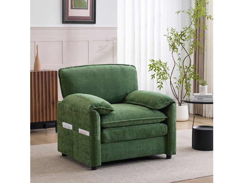  Canapé droit fixe 1 place en velours côtelé vert foncé avec 2 poches latérales, idéal pour petits espaces  - Conforama B