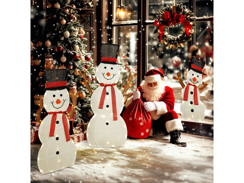  Famille de bonhommes de neige de noël en 3 pièces, décoration extérieure, lumières led, piquets de fixation, étanche, acier, polyester, blanc  - Conforama C