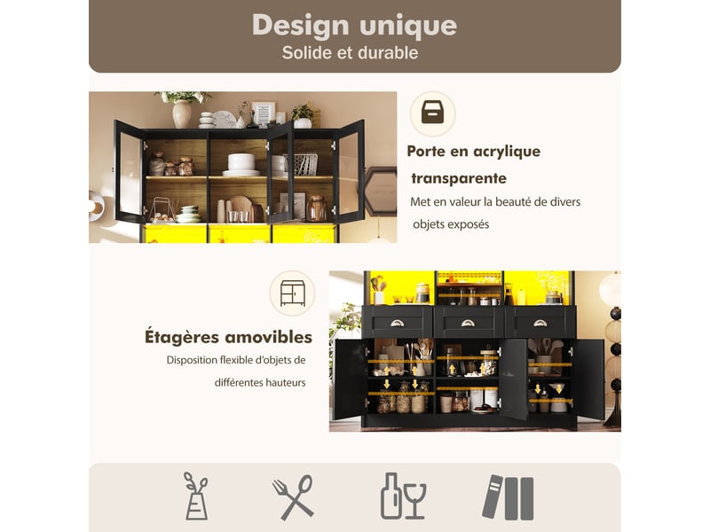Meuble de cuisine muvano, buffet de cuisine haut avec éclairage led, noir, 140 × 40 × 175 cm - Conforama E