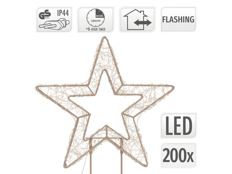  Ecd germany décoration de noël, étoile lumineuse sur pied doré 37 cm, avec 200 led lumière blanc chaud, silhouette décorative avec socle à poser, pour intérieur et extérieur, câble inclus, minuterie ECD Germany GmbH - Conforama E