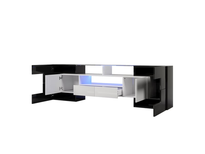  Meuble tv 200 cm noir et blanc brillant avec led multicolore, design moderne pour salon, surface en verre élégante  - Conforama D