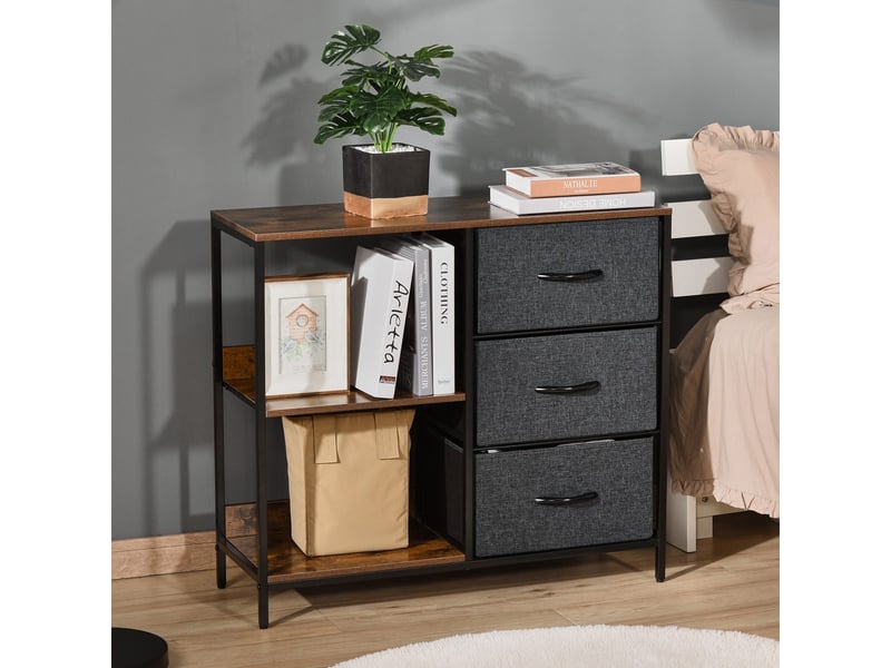  Commode étroite en tissu 3 tiroirs pliables + 2 étagères, lin gris et marron rustique, mdf et métal, 80x29x71 cm 831-407CG - Conforama D