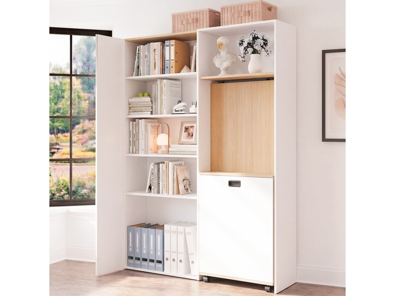Bureau pliable avec étagère, bureau bibliothèque 2 en 1 blanc avec prise et usb, gain de place pour télétravail, 104x160cm - Conforama E