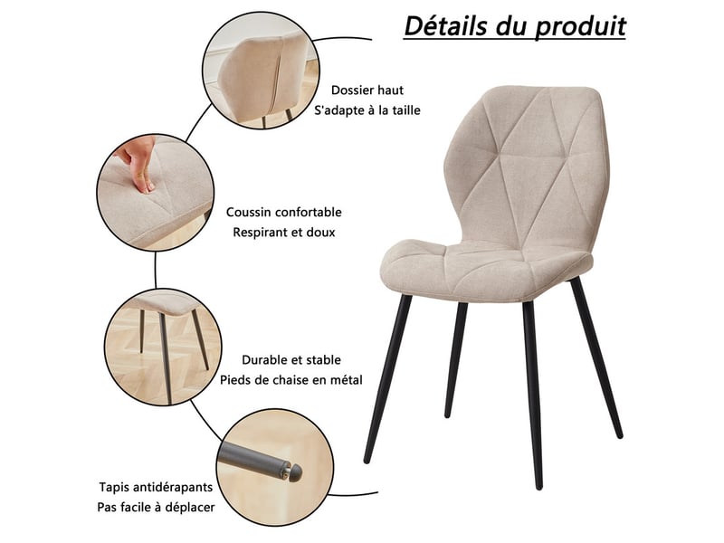  Lot de 4 chaises - chaise de salle à manger vintage en forme de diamant - chaise en lin - pieds en métal(beige) Grand-house - Conforama B