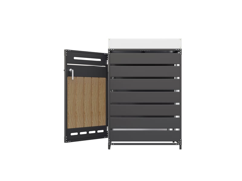  Cache-poubelles 4 compartiments avec bac à plantes, modèle bois vertical, métal noir  - Conforama E