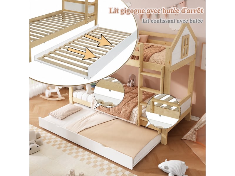  Lit superposé enfant 90 x 200 cm avec lit gigogne 90 x 190 cm, 3 couchages, échelle et barrières, blanc et naturel  - Conforama B