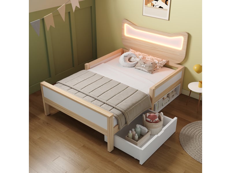  Lit enfant 90x190 cm, tête de lit à oreilles de chat avec led rgb, tiroir et rangement réversibles, barrières de sécurité, pin et mdf, blanc et chêne OMNIGLINT TRADING LTD - Conforama B