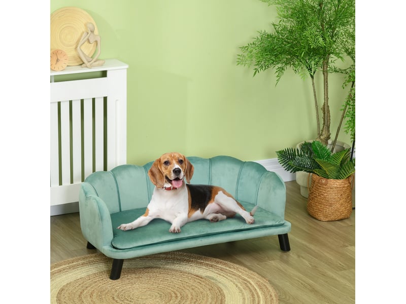 Canapé pour votre petit compagnon vert en tissu velours, dossier coquillage, 98,5 x 60,5 x 35,5 cm, assise surélevée et douce - Conforama B