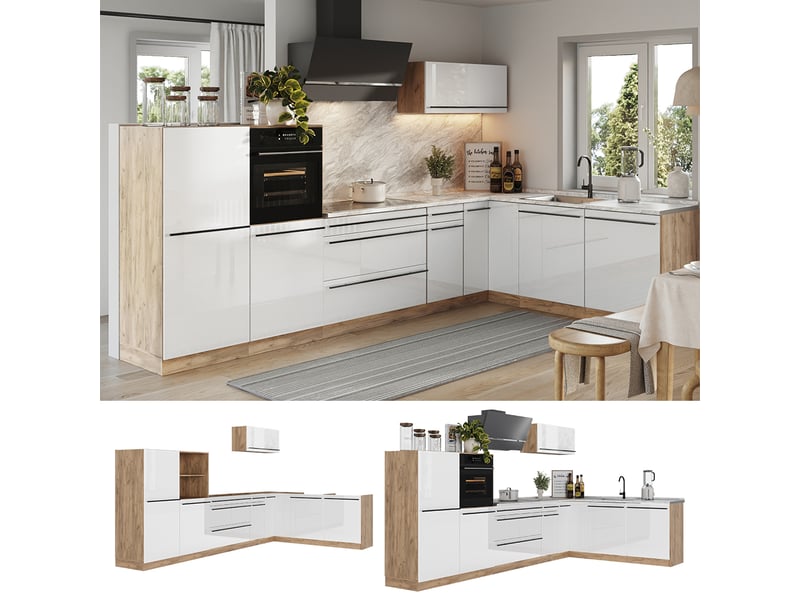  Vicco cuisine en angle, blanc haute brillancechêne doré, 347 x cm plan de travail marbre  - Conforama D