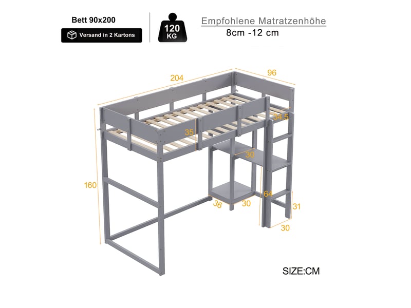  Lit mezzanine enfant simple 90×200 cm avec étagère et barrières - okmyhome- en pin gris, sans matelas  - Conforama D