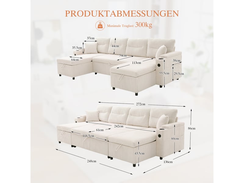  Canapé panoramique convertible 4 places 272 x 136 x 86 cm avec ports usb et porte-gobelets, velours côtelé, beige Morn Vibe - Conforama C