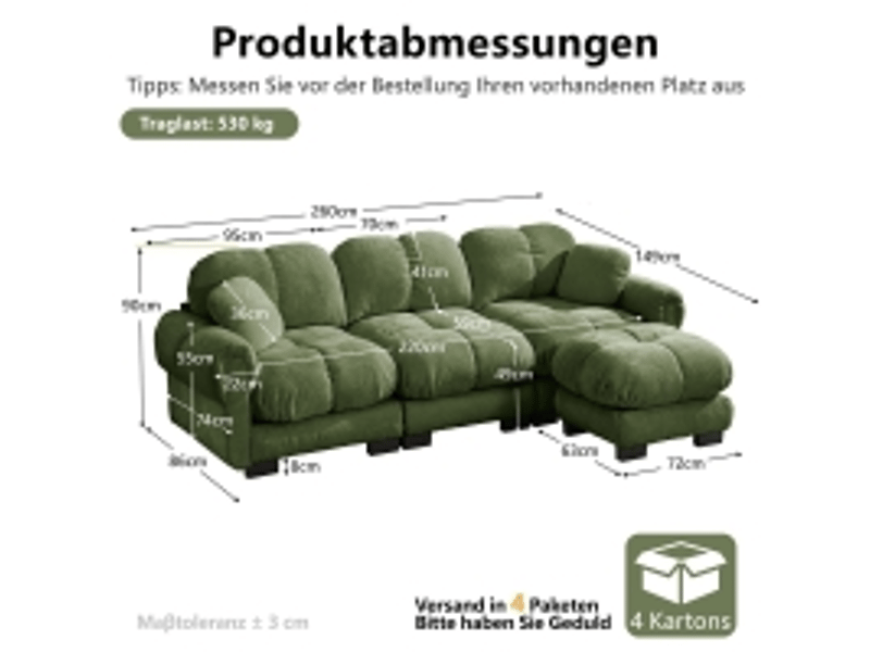  Canapé d'angle en l effet nuage 3 places, méridienne mobile, 2 coussins déco, assise matelassée, vert, sans montage SF20260031014 - Conforama C