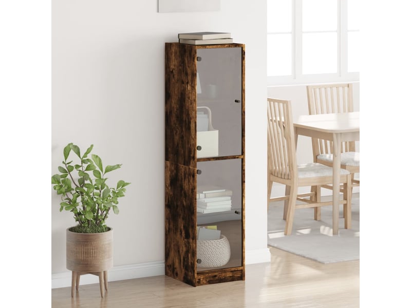  Buffet - bahut - meuble de rangement avec portes en verre chêne fumé 35x37x142 cm  - Conforama C