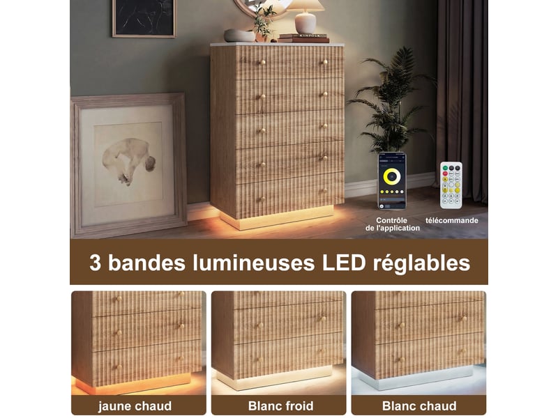  Commode 5 tiroirs - 73x40x111cm - meuble de rangement en bois avec façades ondulées, poignées laiton &amp; led rgb - chêne  - Conforama D