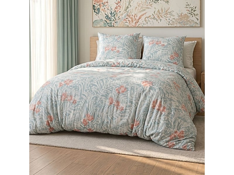  Parure housse de couette 240x220cm + 2 taies motif floral turquoise et rose 100% microfibre - blandine BLANDINE - Conforama B