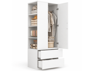 Armoire penderie 70x50x175 cm - 2 tiroirs - étagères ouvertes - rangement chambre - bois et mdf - blanc