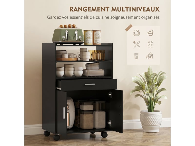  Chariot de cuisine sur roulettes, desserte micro-onde à roulettes avec placard tiroir étagères, noir, 59 x 40 x 92 cm  - Conforama A