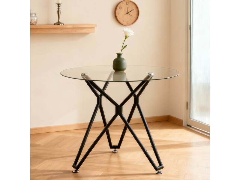  Table à manger ronde 90 cm en verre trempé avec pieds métal noirs, 1 à 4 personnes  - Conforama E