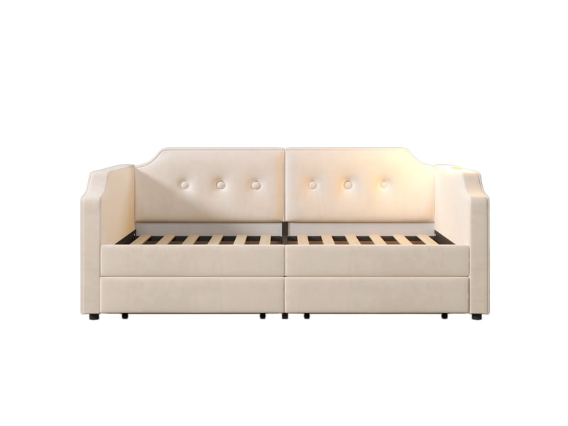 Canapé lit 90x200cm, lit adulte, lit 1 place avec tête de lit, 2 tiroirs de rangement et sommier, charge, velours beige, sans matelas - Conforama E
