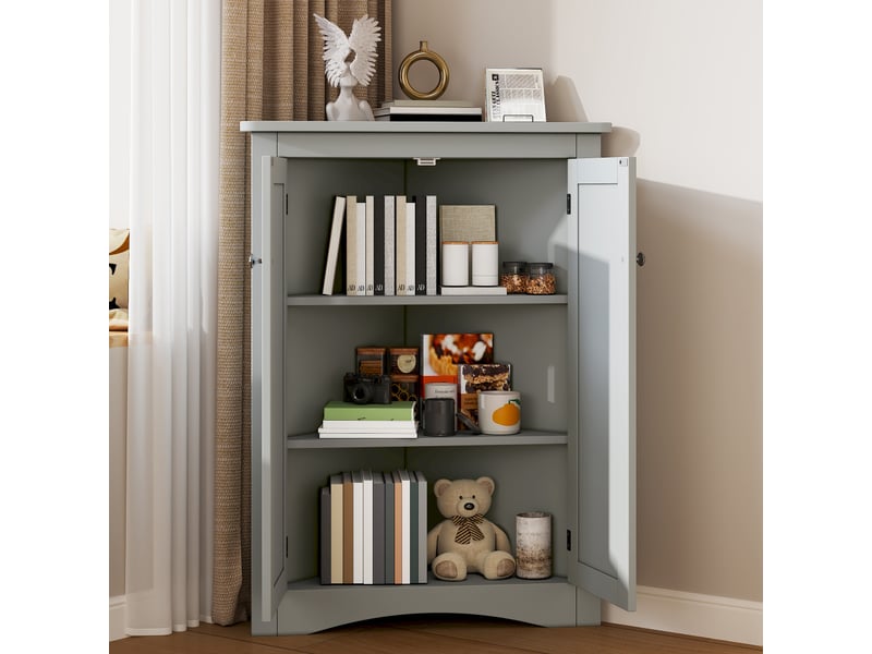  Meuble d'angle triangulaire avec porte en verre ondulé, étagère ouverte, éclairage led intégré et étagères réglables  - Conforama B
