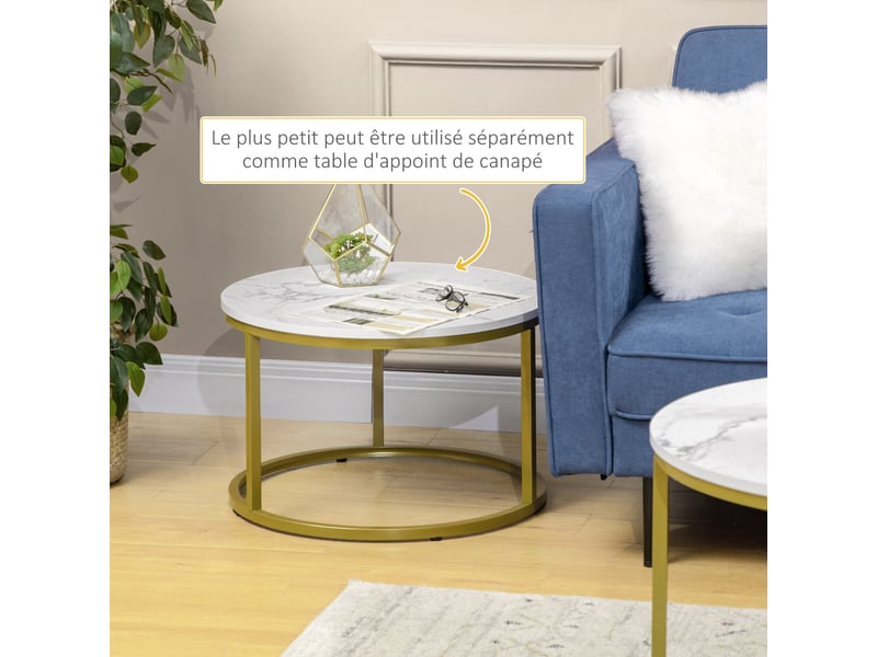  Lot de 2 tables basses gigognes tables rondes plateau aspect marbre et pied en acier  blanc doré 74 x 46,3 cm  - Conforama E