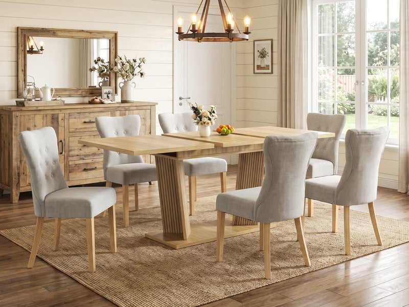  Ensemble salle à manger table extensible + 6 chaises – aspect bois massif, tissu chenille gris, pieds bois massif, clous décoratifs  - Conforama B
