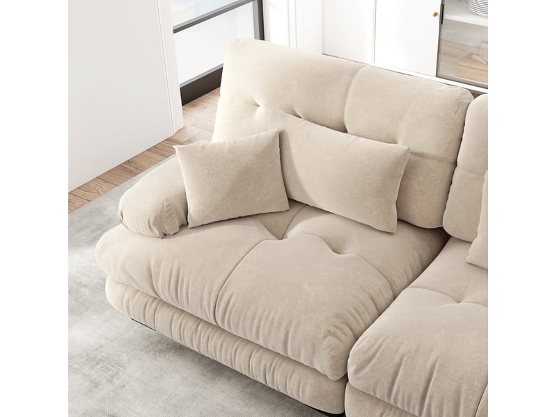  Canapé modulable 313x77x81cm 3 places, pour le salon, coussins inclus, structure en bois, tissu chenille, café clair  - Conforama E
