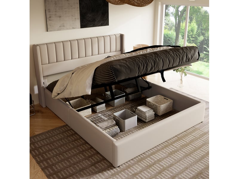  Lit coffre tcqpz 160 x 200 cm hydrauliques avec sommier beige en lin  - Conforama D
