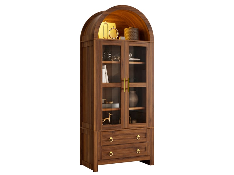 Buffet avec led 76x40x180 cm, 2 portes en verre trempé et 2 tiroirs, design rétro, mdf et panneau de particules, marron - Conforama A