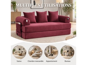 Canapé modulable compressé 200 x 94 x 67 cm rouge bordeaux en velours côtelé, structure métal, 3 coussins et poche