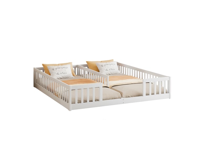  Elvmi lit enfant double au sol 90x200 cm avec barrières de sécurité et sommier à lattes, structure en pin et mdf, coloris blanc, couchage gain de place pour 2 enfants, design minimaliste pour chambre d’enfant et espace familial  - Conforama D